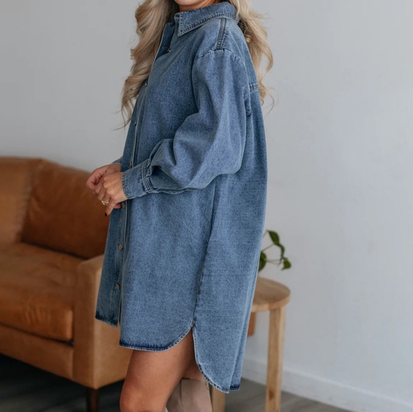 Oversized Denim Boyfriend Pocket Jean Collar Shirt Dress Long Sleeve High-low Mi - Picture 12 of 14